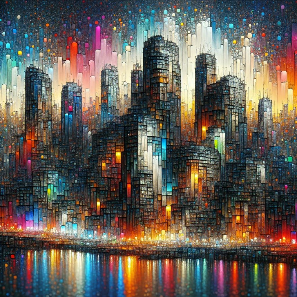 Colorful Skyscrapers at Dusk in Digital Art Style