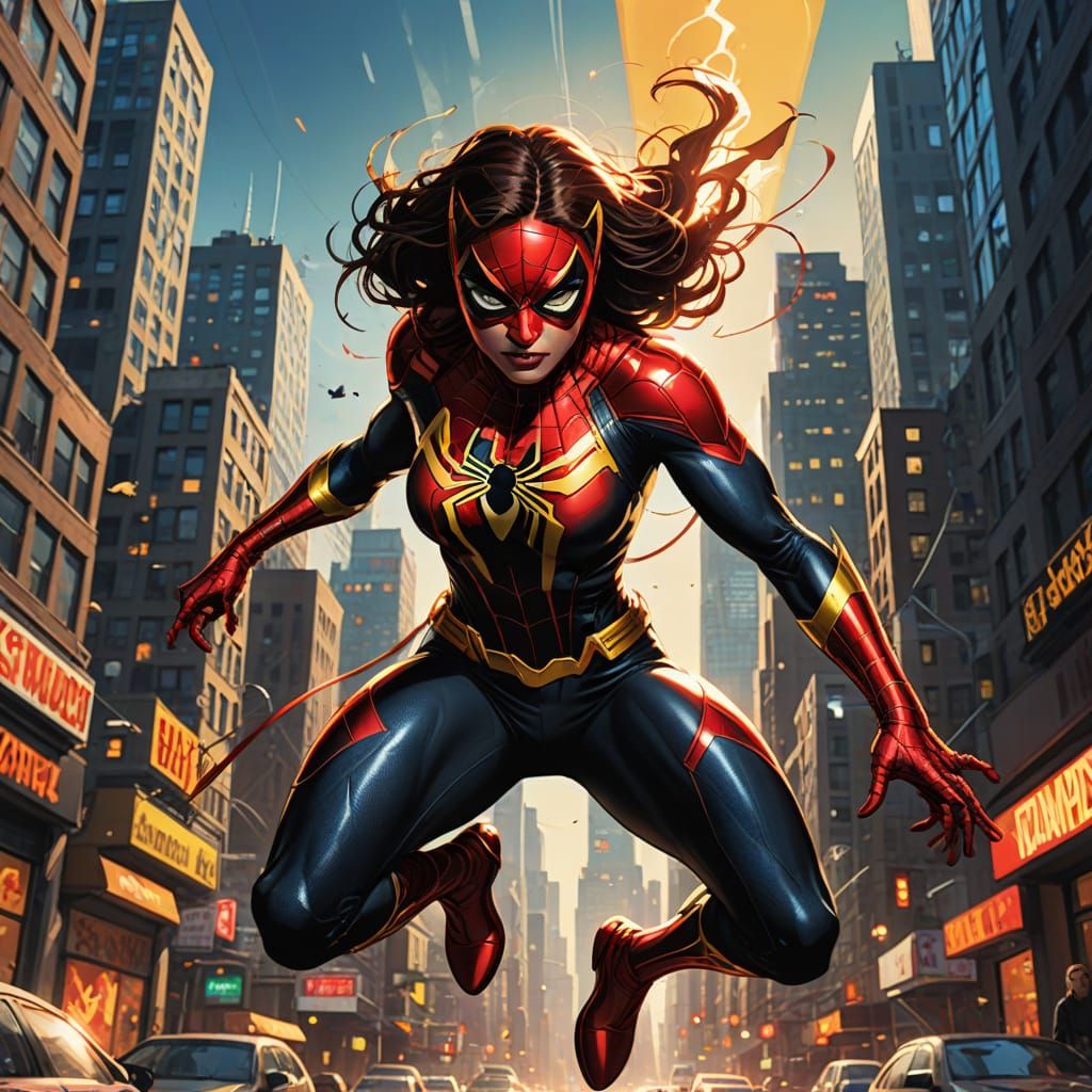 Heroic Spider-Woman in Dynamic Cityscape Comic Art