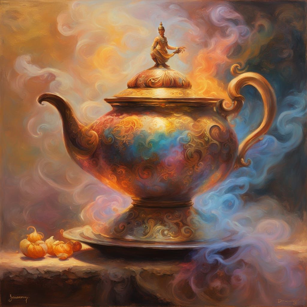 Genie Emerging from Colorful Smoke Oil Painting