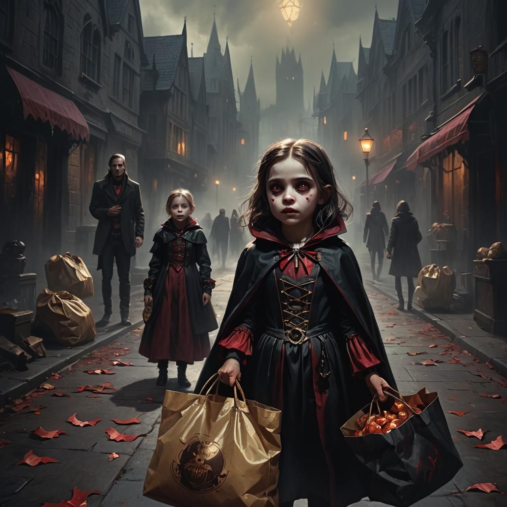 Eerie Gothic Vampire Girl in Dark Fantasy Scene