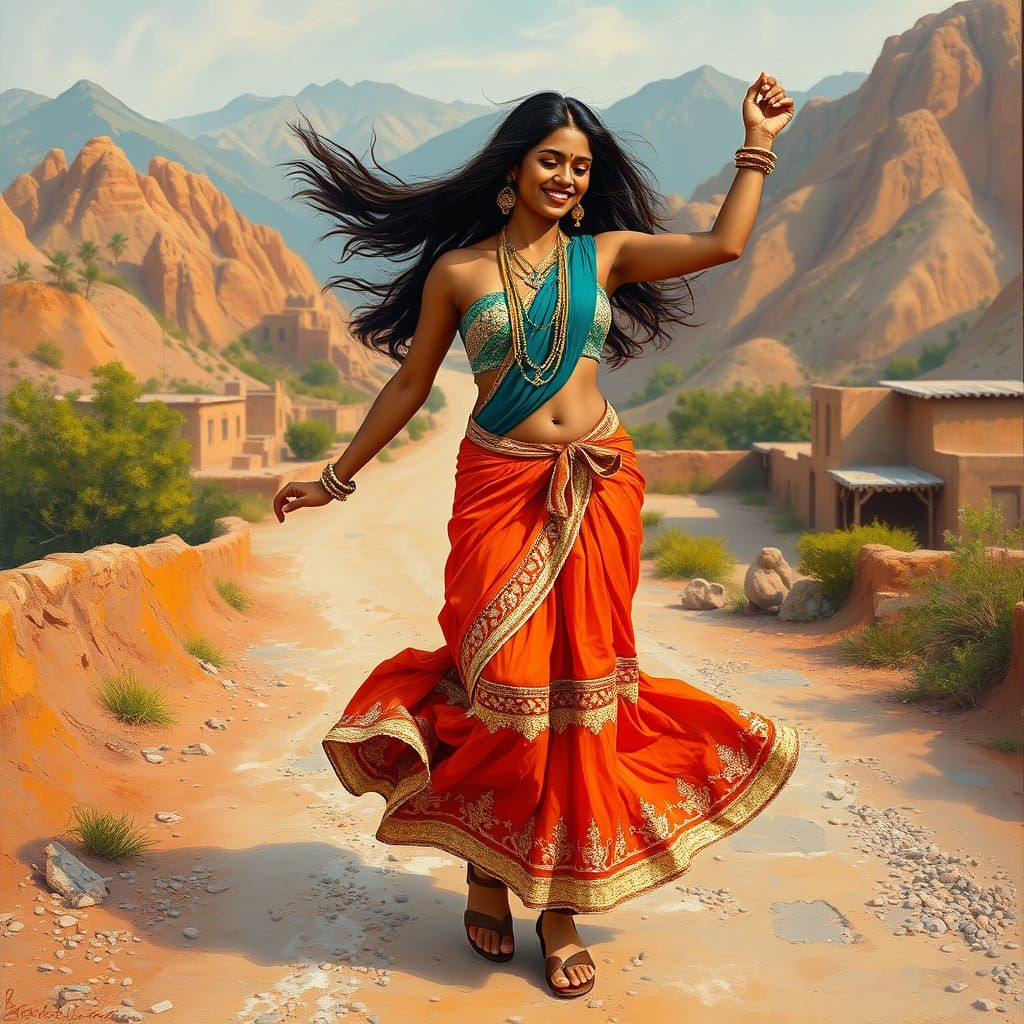 Ravi Varma painting style. Thick oil colour patches.Indian Young woman, light-skinned, mid-20s,  exuding joy and vitalit...