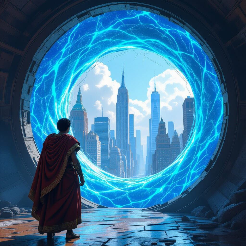 Ancient Roman Gazes Through Wormhole into NYC