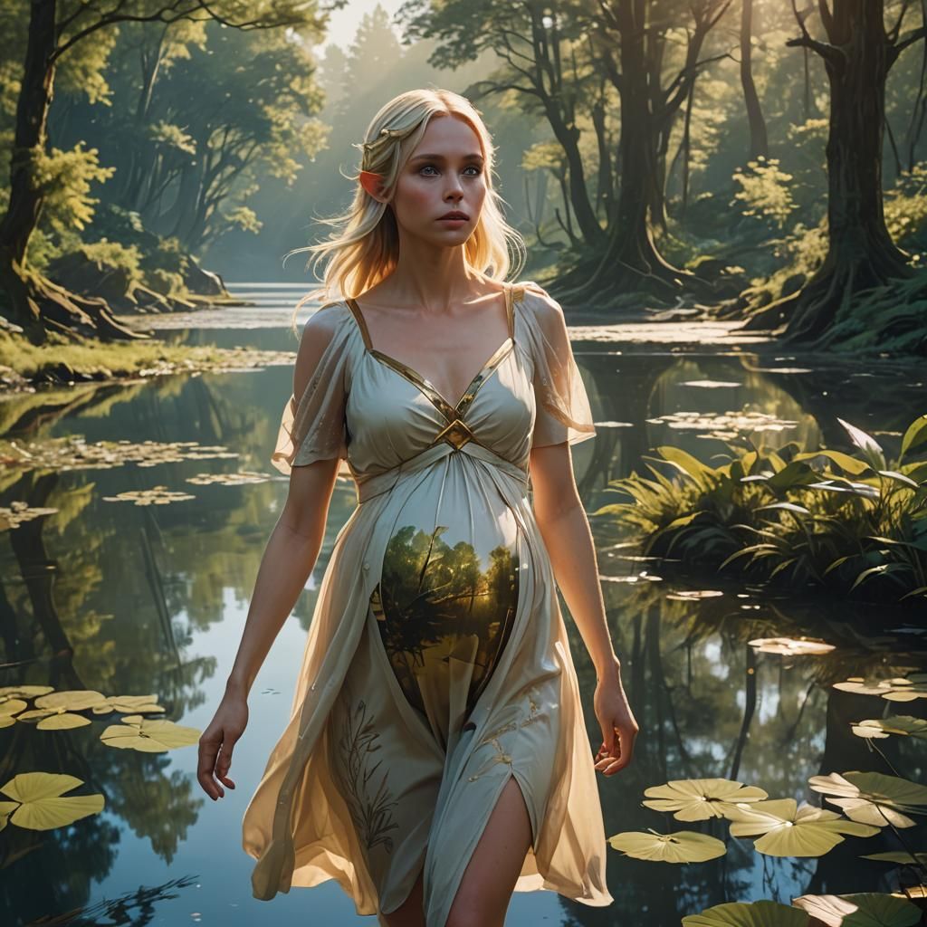 Pregnant Elf in Futuristic Forest, Miyazaki Style