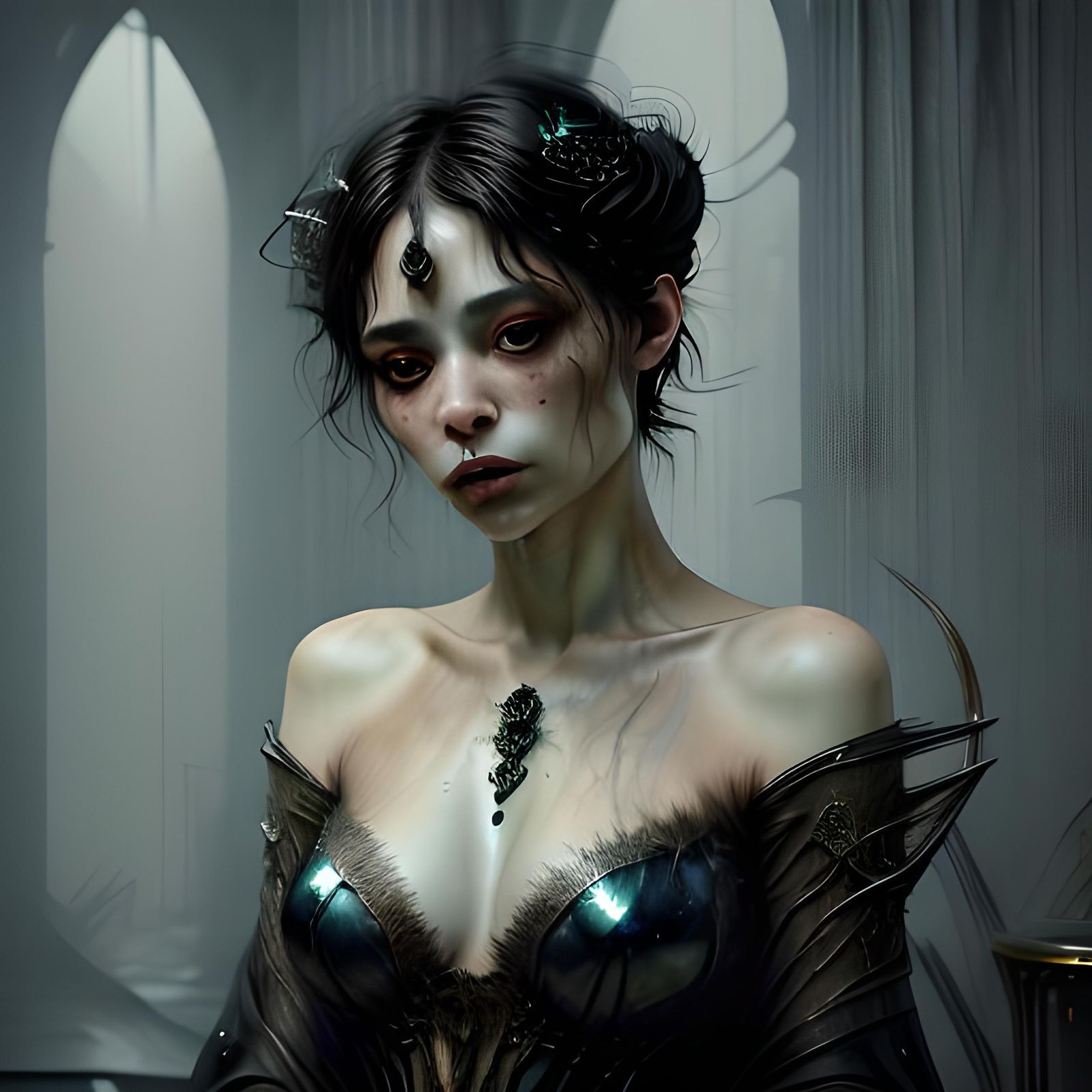 Elegant Woman with Antlers in Opulent Hall