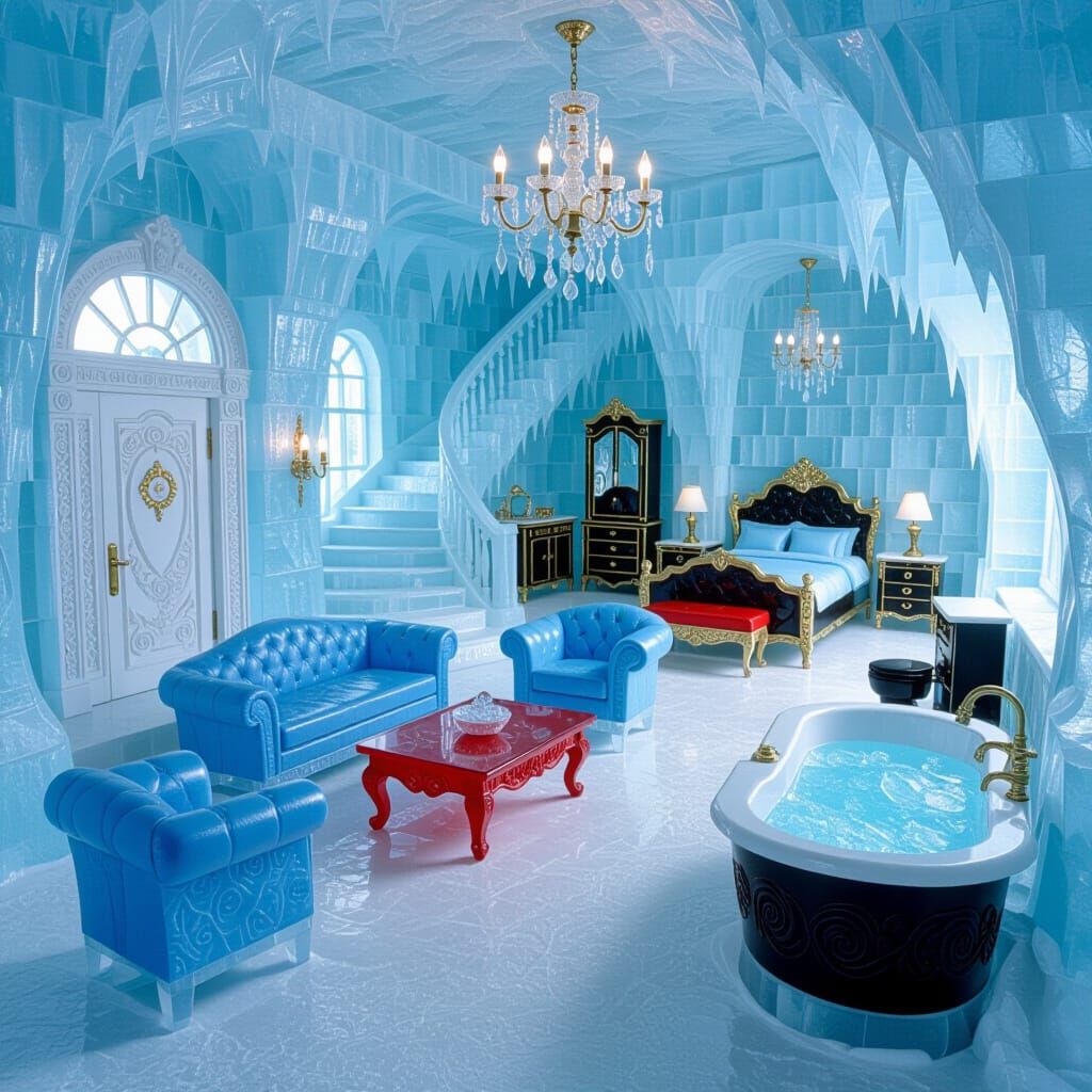 Intricate Ice Mansion with Frosty Roses and Crystal Decor