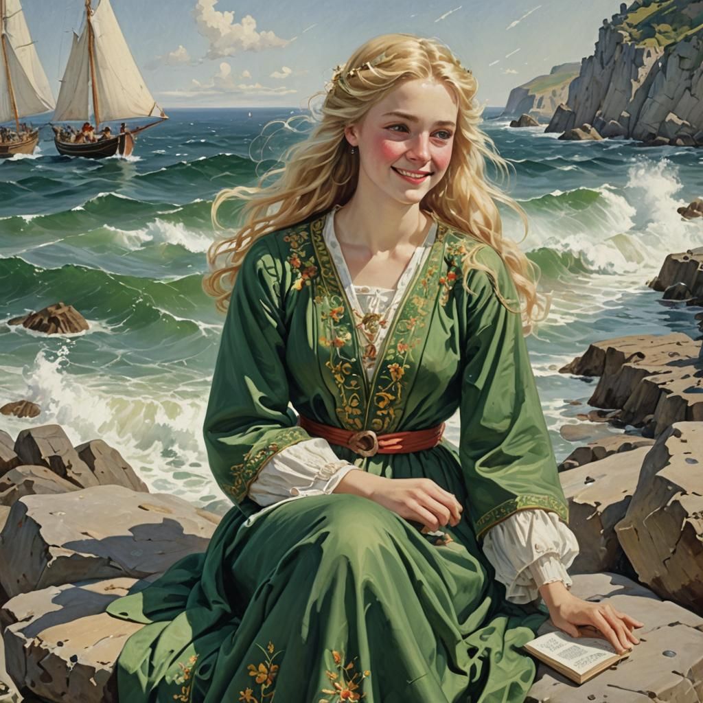 Blonde Woman Reading by Sea at Sunset