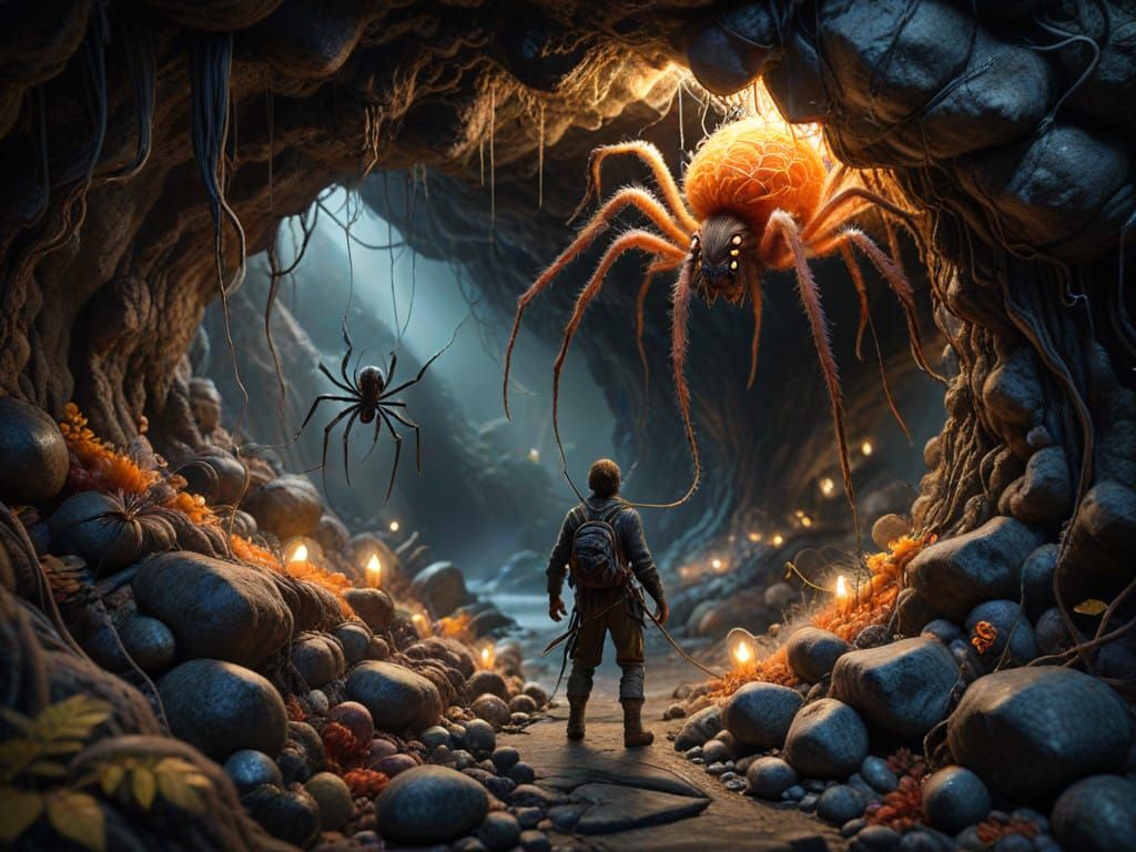 Ethereal Treasure Hunter Confronts Enchanted Spider in Mysti...