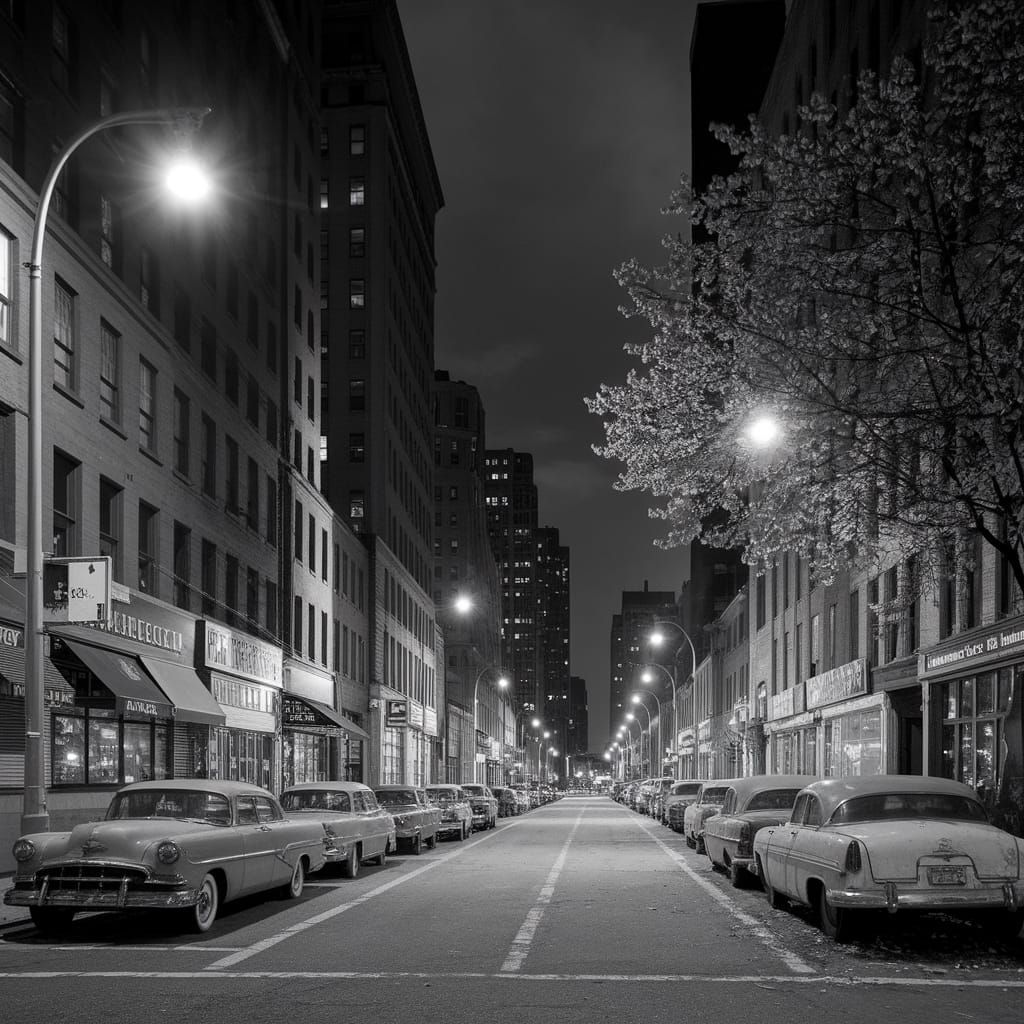Vintage NYC Street Scene at Night in Moody Black and White