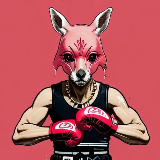 Cartoon Kangaroo Boxer with Jewelry in Ukiyo-e Style