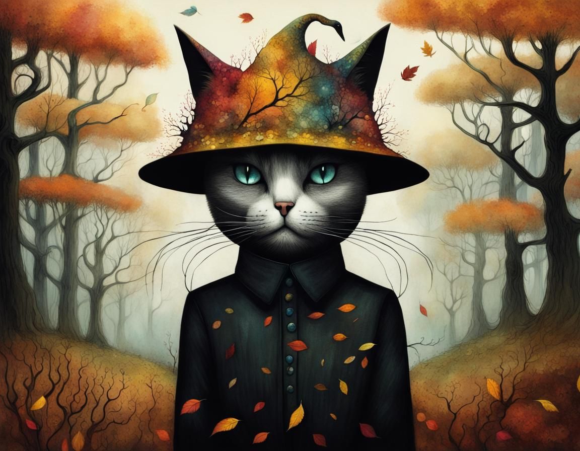 Surreal Cat in Hat: Hyperdetailed Autumn Art