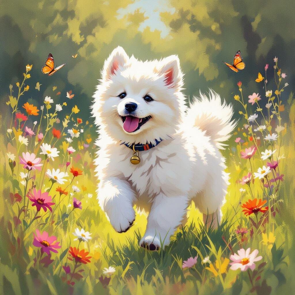 A fluffy samoyed puppy joyfully chases butterflies in a sun-drenched meadow. Medium shot. Impressionistic painting, vibr...