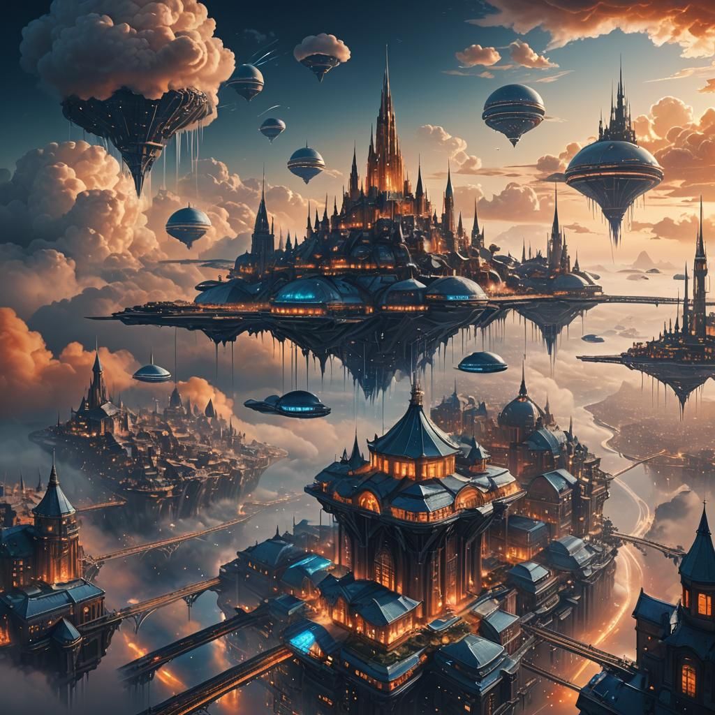 Futuristic Floating City in the Clouds: Digital Matte Painti...