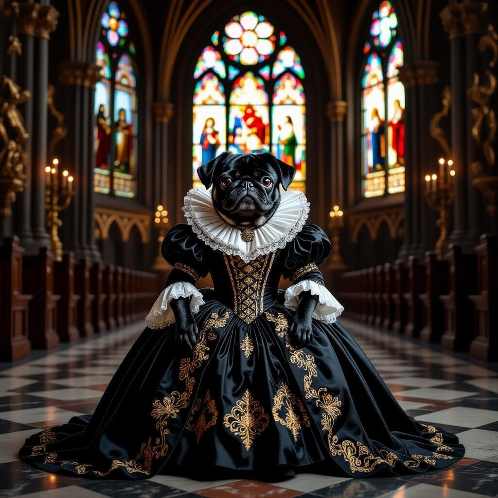 Baroque Pug in Gothic Cathedral as Oil Painting