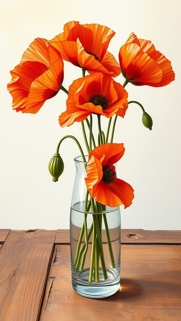 Ethereal Poppies in Glass Vase, Distressed Wood, Soft Light
