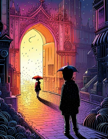 Rainbow Silhouette in Cyberpunk Storybook Style
