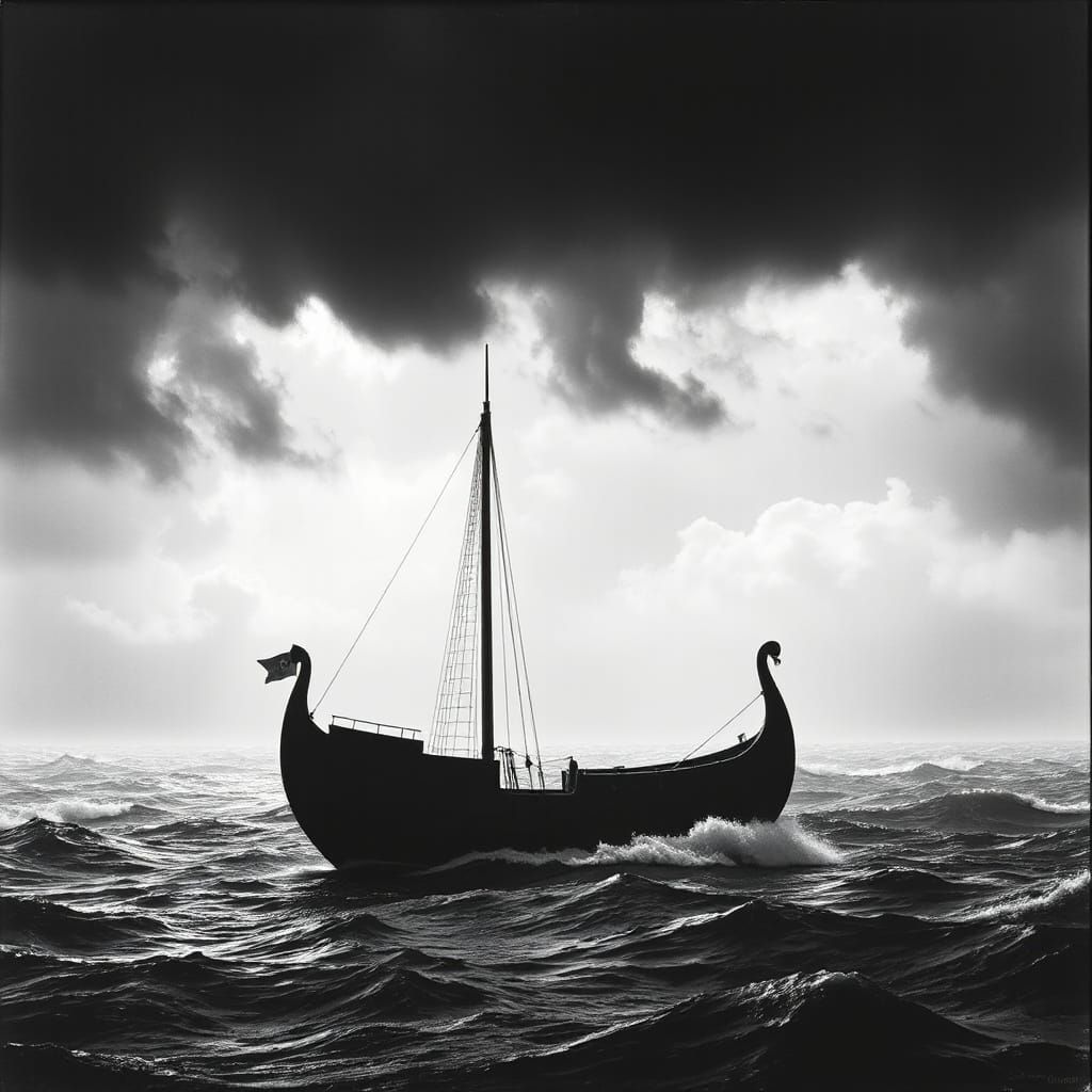 Viking Ship Silhouette in Stormy Norwegian Sea