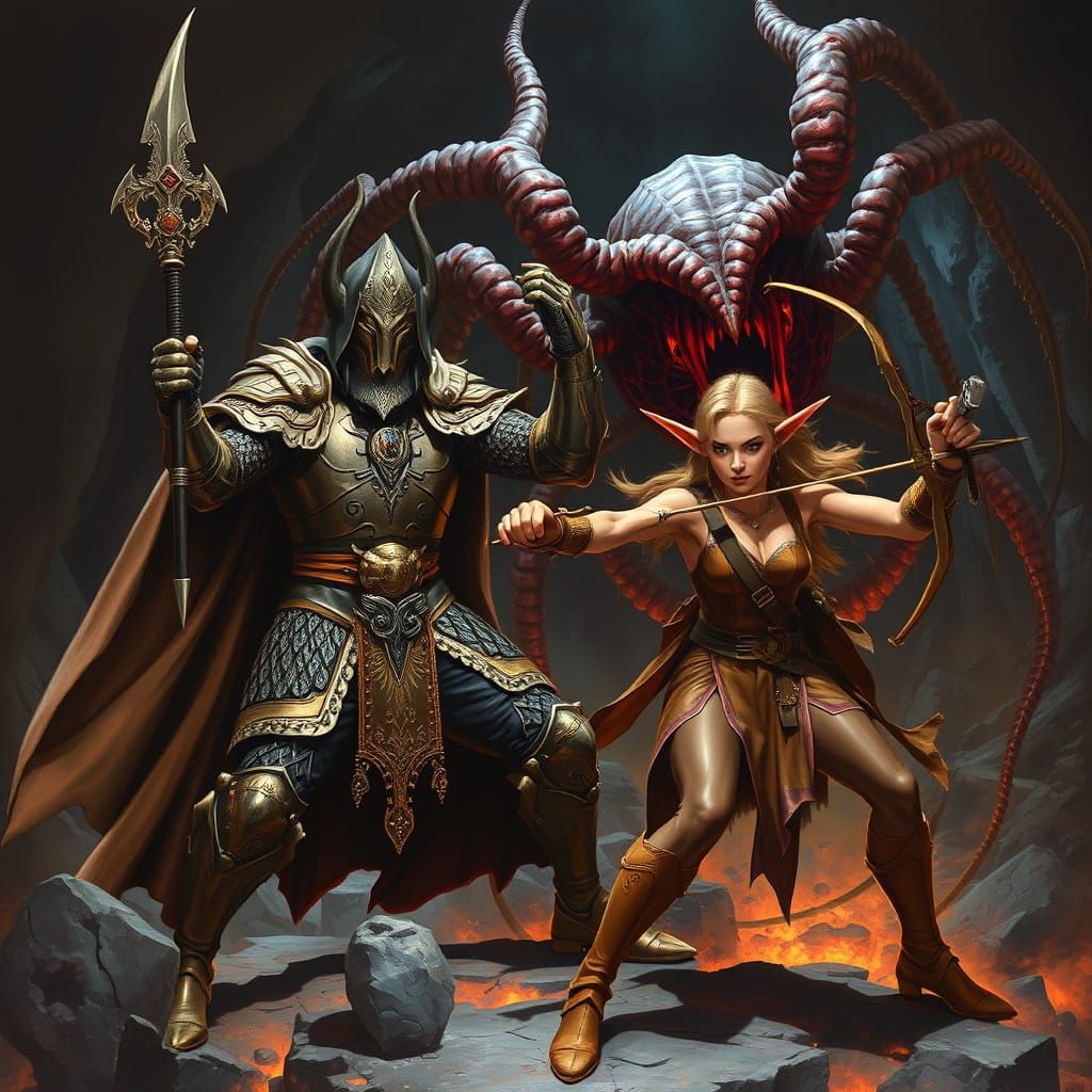Cleric and Elf Battle Manspider in Dark Fantasy Style