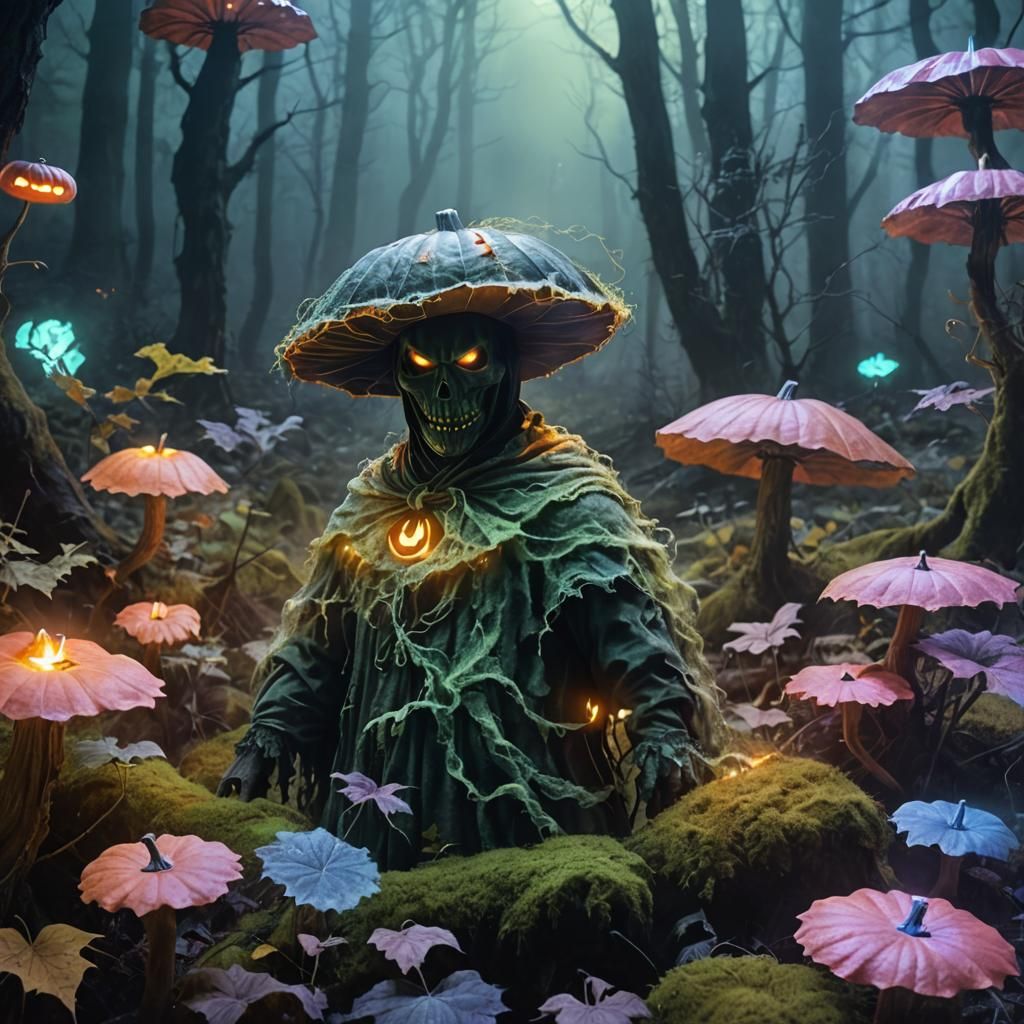 Pumpkin-Headed Ghost in Dark Fantasy Illustration