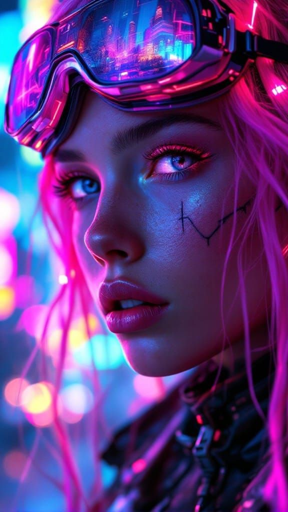 Cyberpunk Warrior Goddess in Neon Cityscape