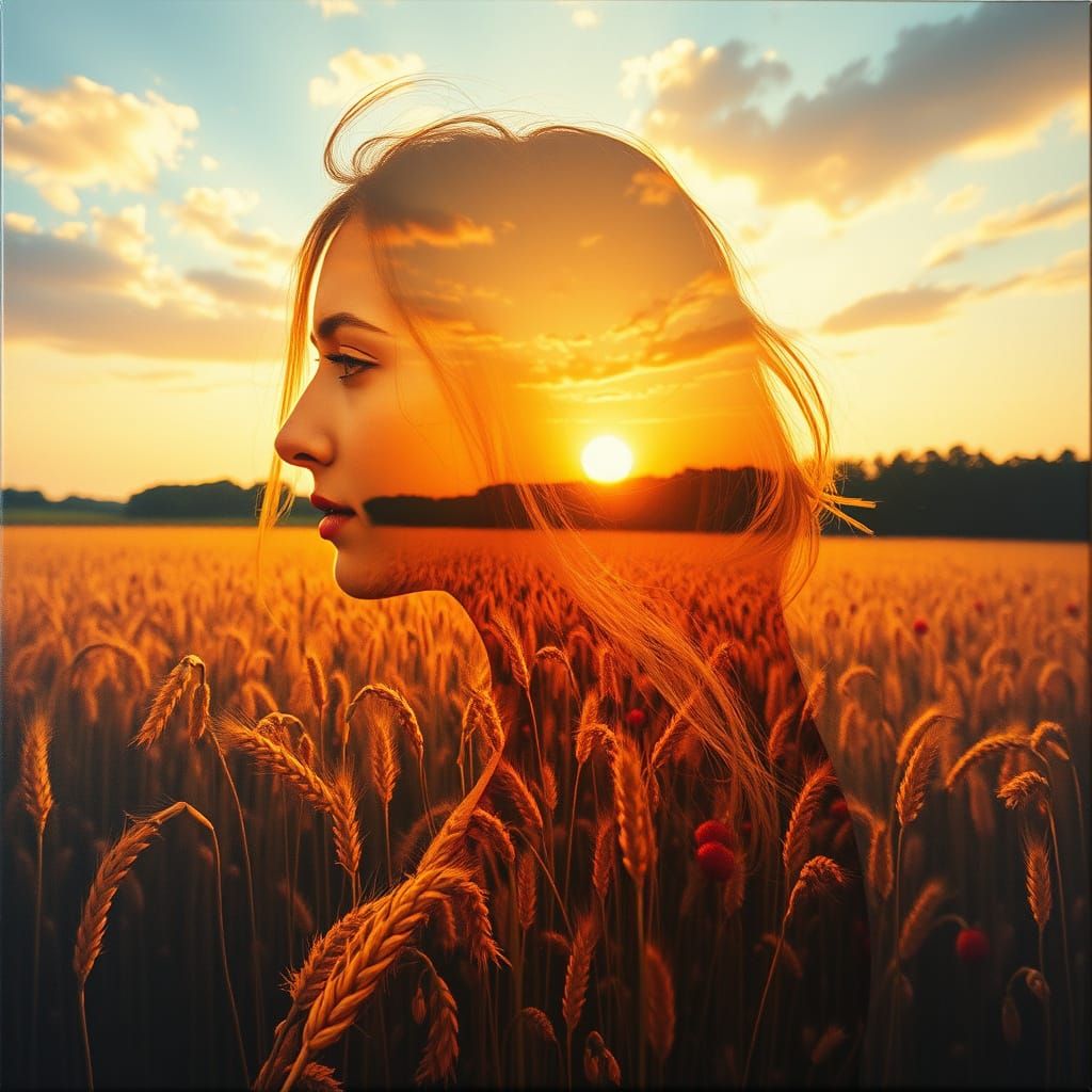 Impressionist Double Exposure of Woman in Field