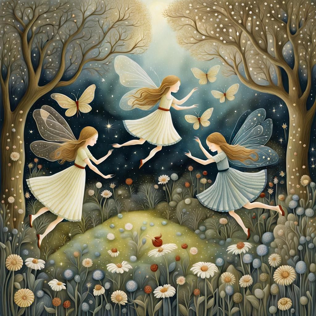 Fairies Playing in a Whimsical Garden Illustration