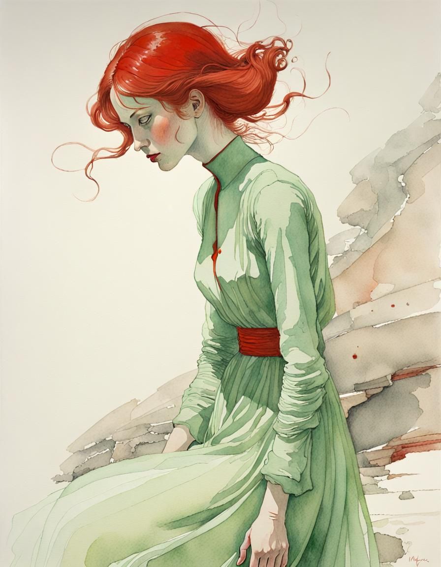 Emerald Lady in Scarlet Tone, with Watercolor Wash