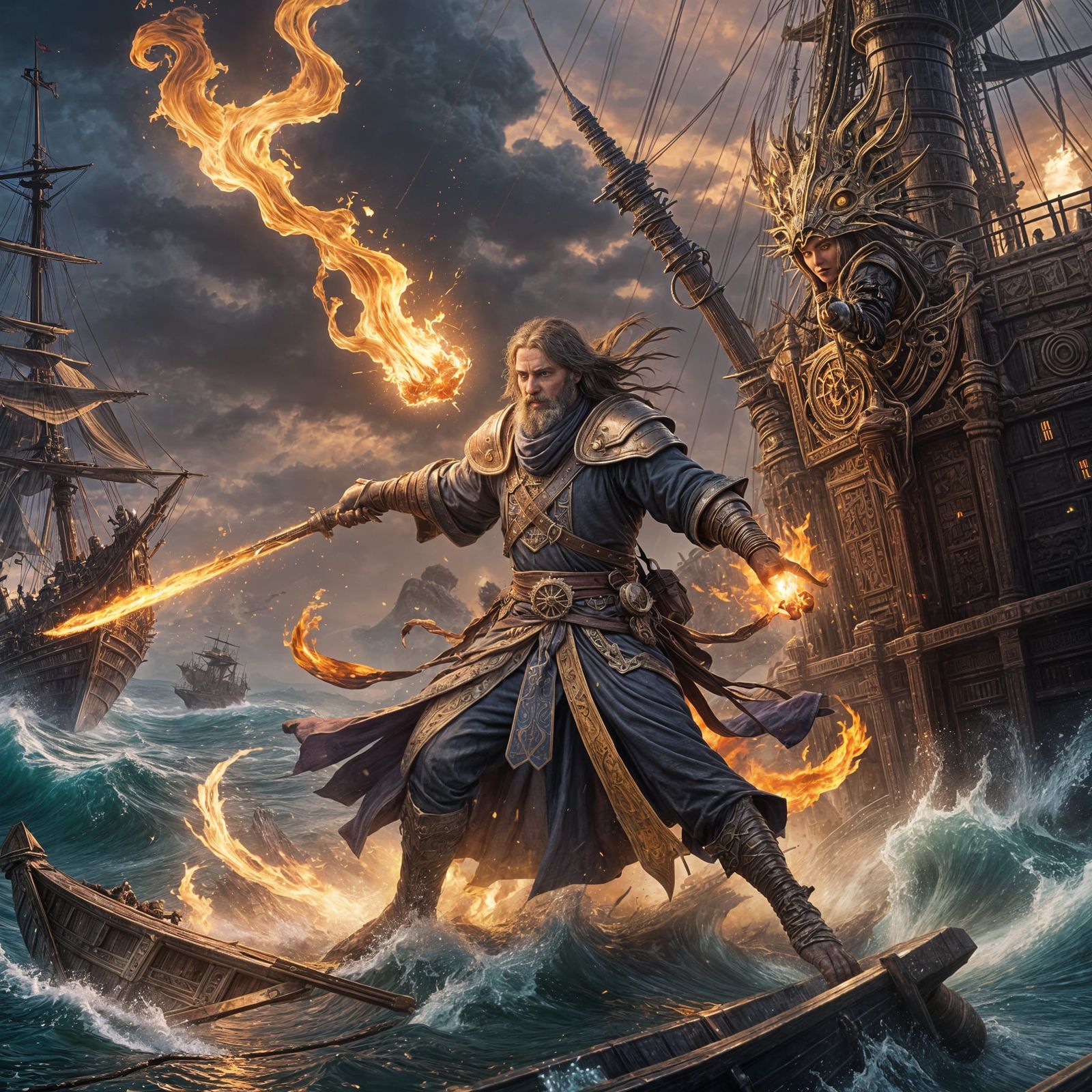 Desert Druid Battles on High Seas, Dark Fantasy Art
