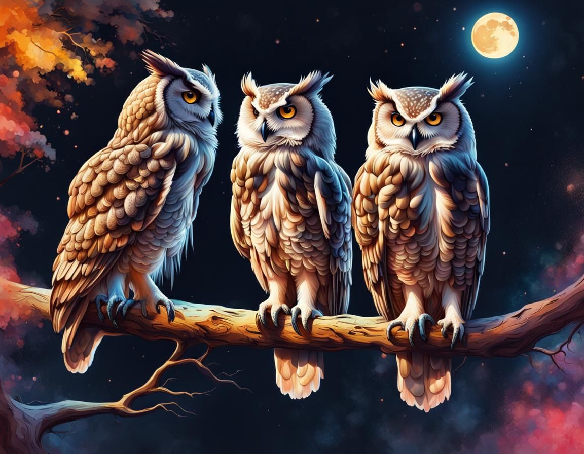 Two Owls on Branch in Hyperrealistic Splash Art