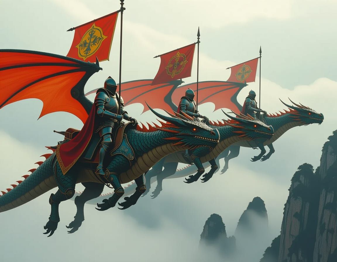 Knights on Dragons Soaring Through Misty Skies