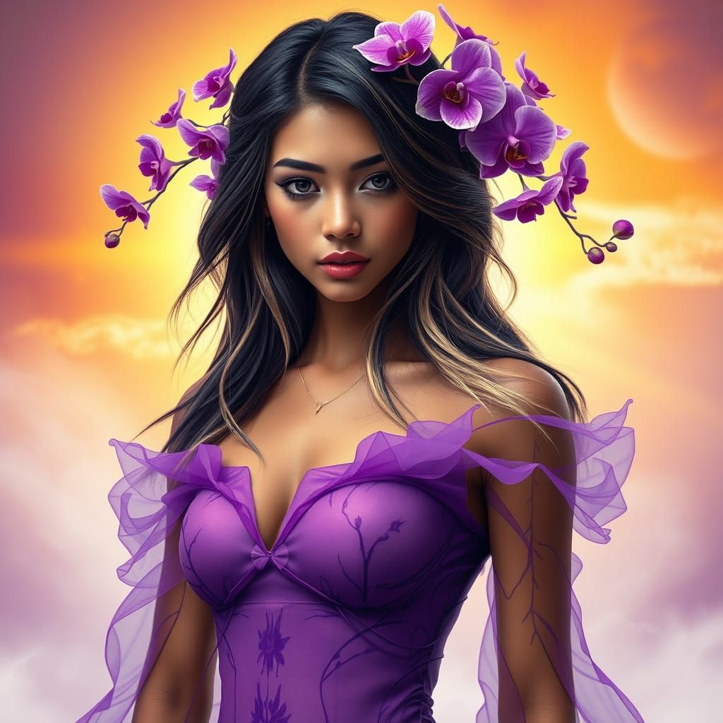 Enchanting Portrait of Woman Adorned with Orchids