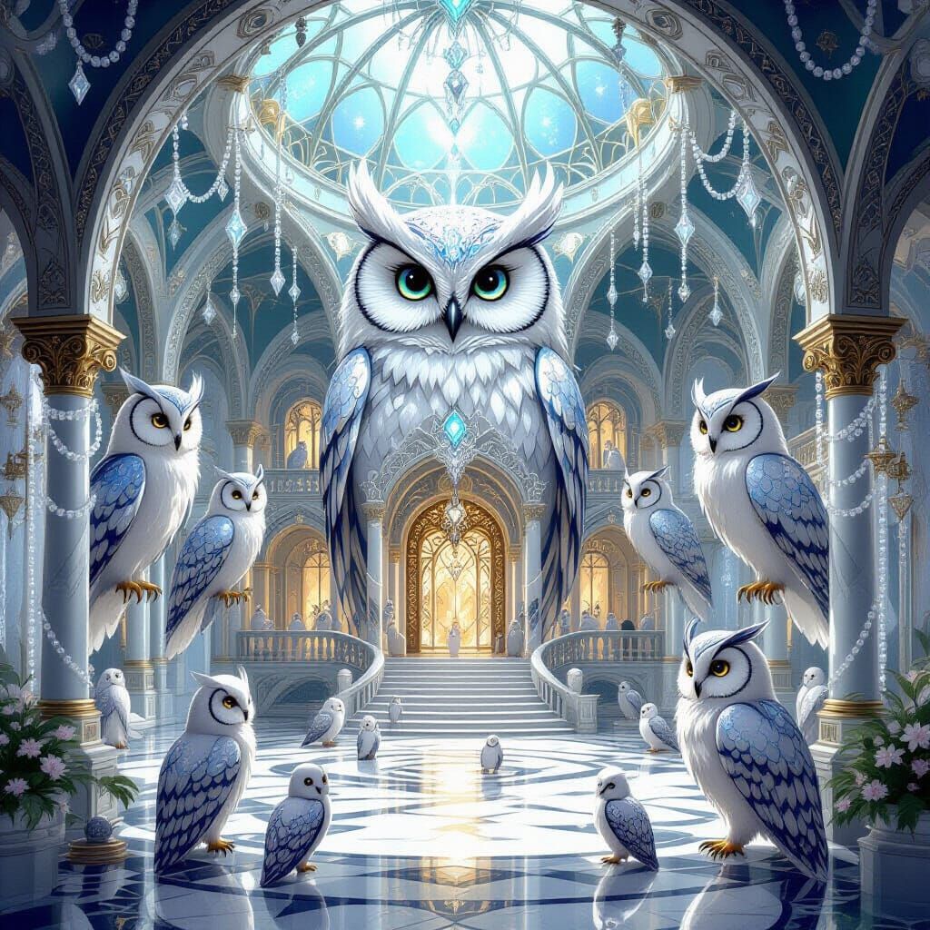 Magical Crystal Palace Interior with Owls