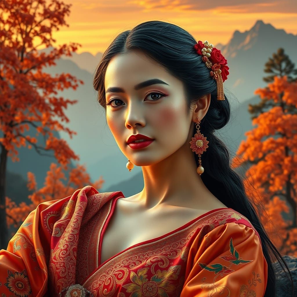 Woman in Vibrant Traditional Attire Amidst Autumn Landscape
