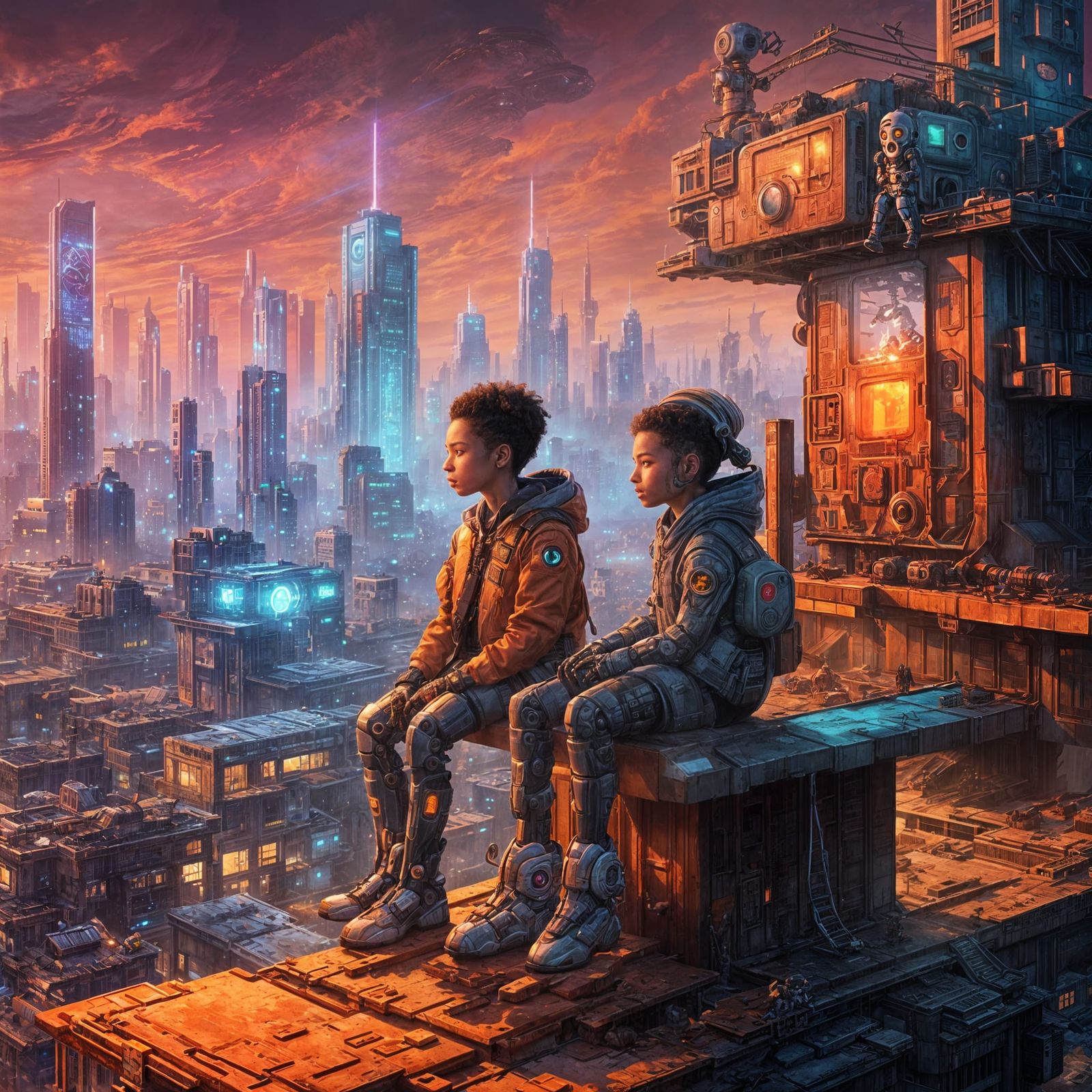 Cyberpunk Children Observe Floral Apocalypse