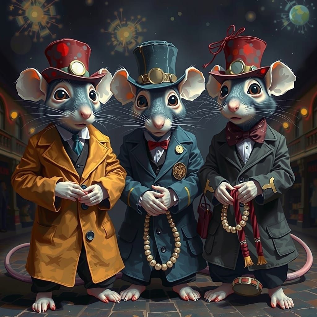 Chalk Art Chibi Mice in Cityscape Inspired by Kadinsky and V...