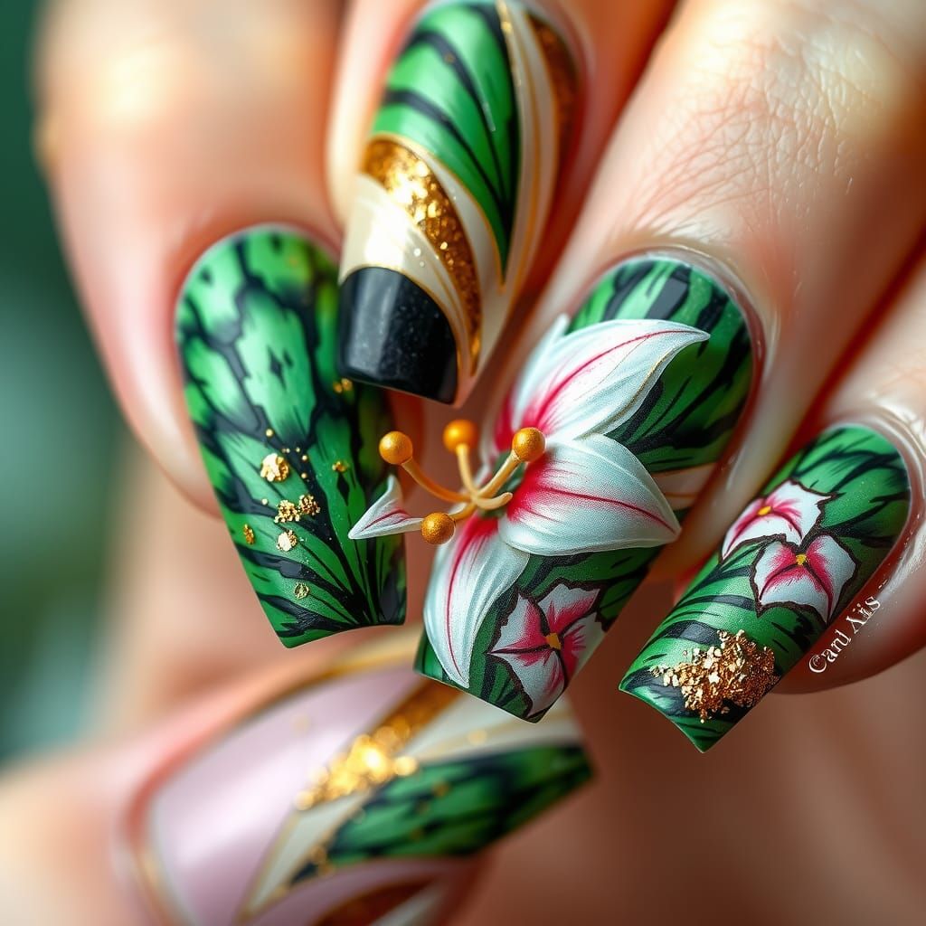 Ornate Nail Art with Animal Fur and Lilies