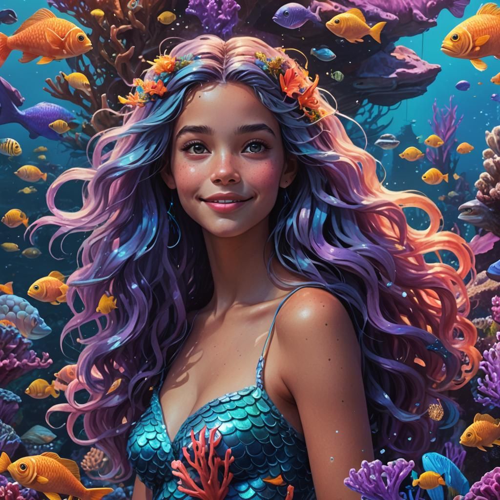 Smiling Blue Mermaid on Coral Reef: Digital Painting