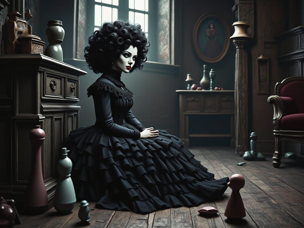 Gothic China Doll in Whimsical Film Noir Setting