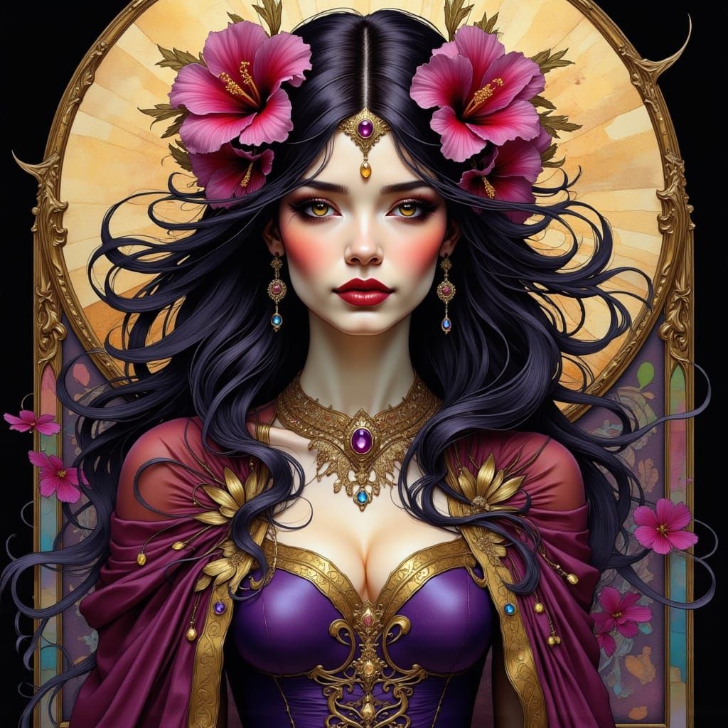 Gothic Fae Queen Adorned With Jewels and Flowers