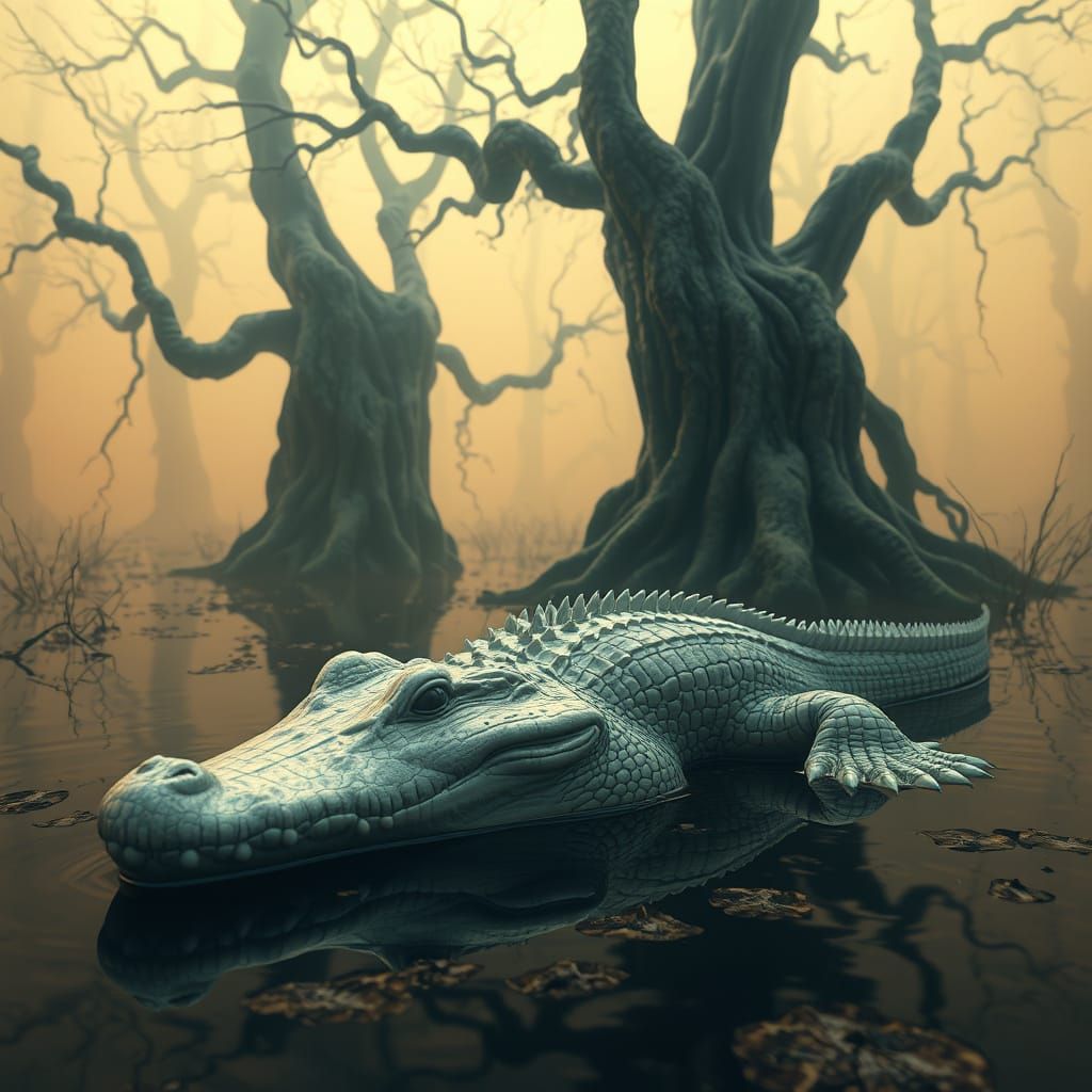 Mystical Albino Alligator in a Twisted Cypress Swamp