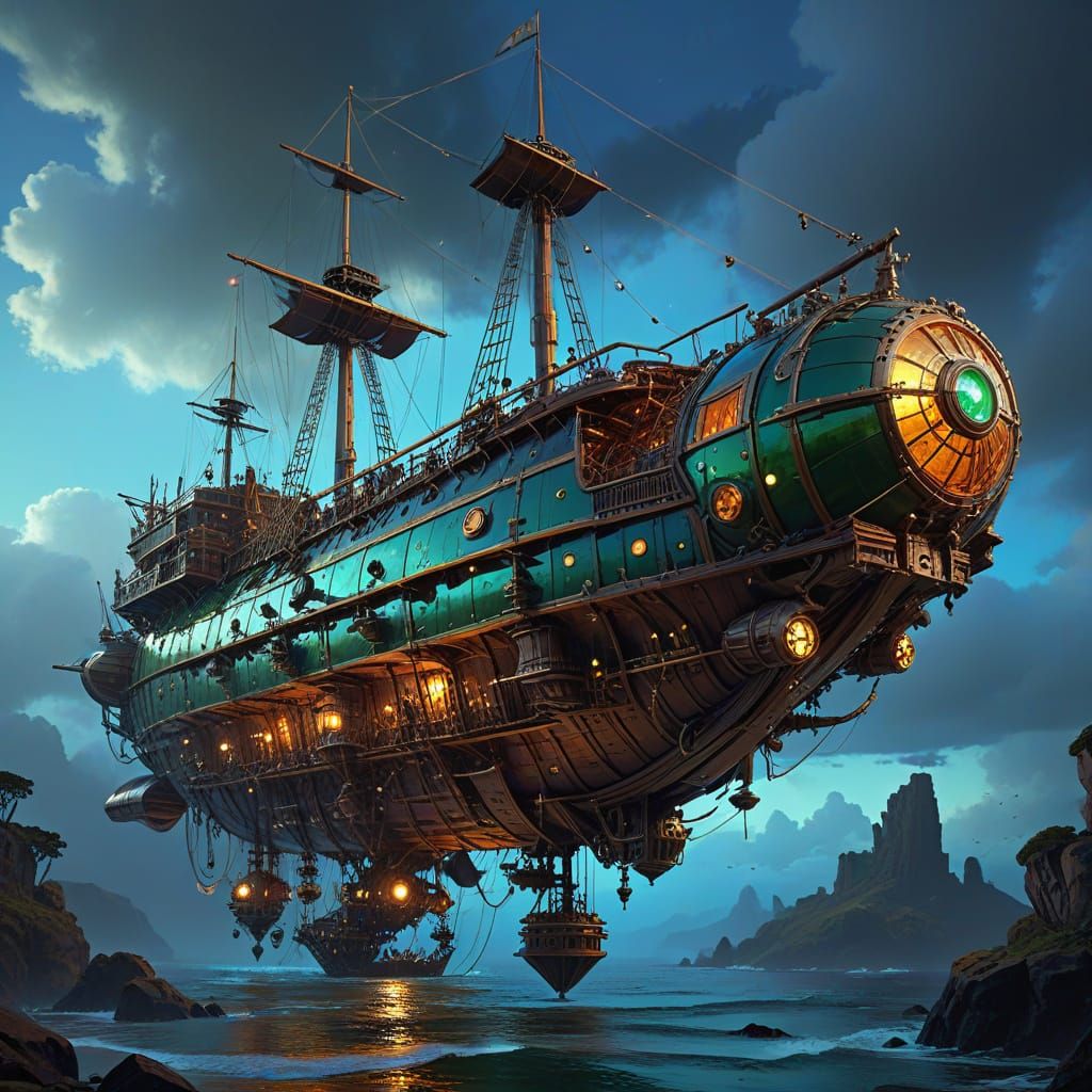 Steampunk Galleon Airship with Fairy in Blue Sky