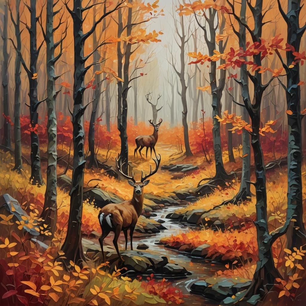 Autumnal Forest Landscape with Deer, Impasto Oil Painting