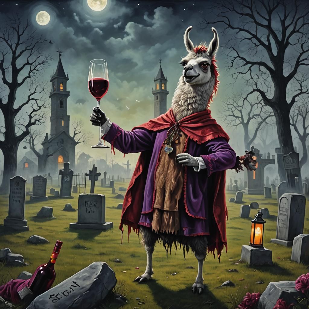 Surreal Halloween Llama in Cemetery, Digital Oil Painting