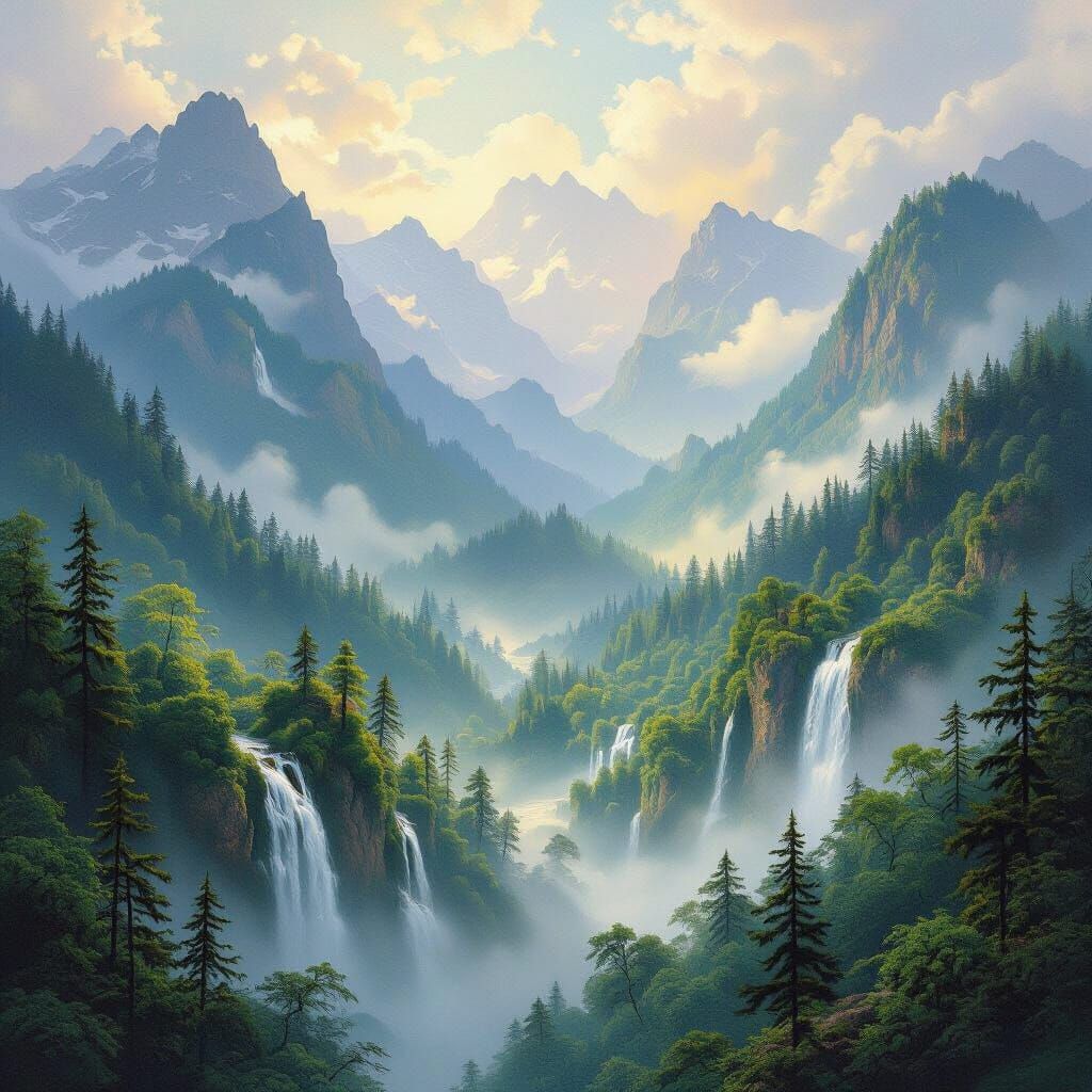 Misty Waterfalls Flow Down Serene Mountains
