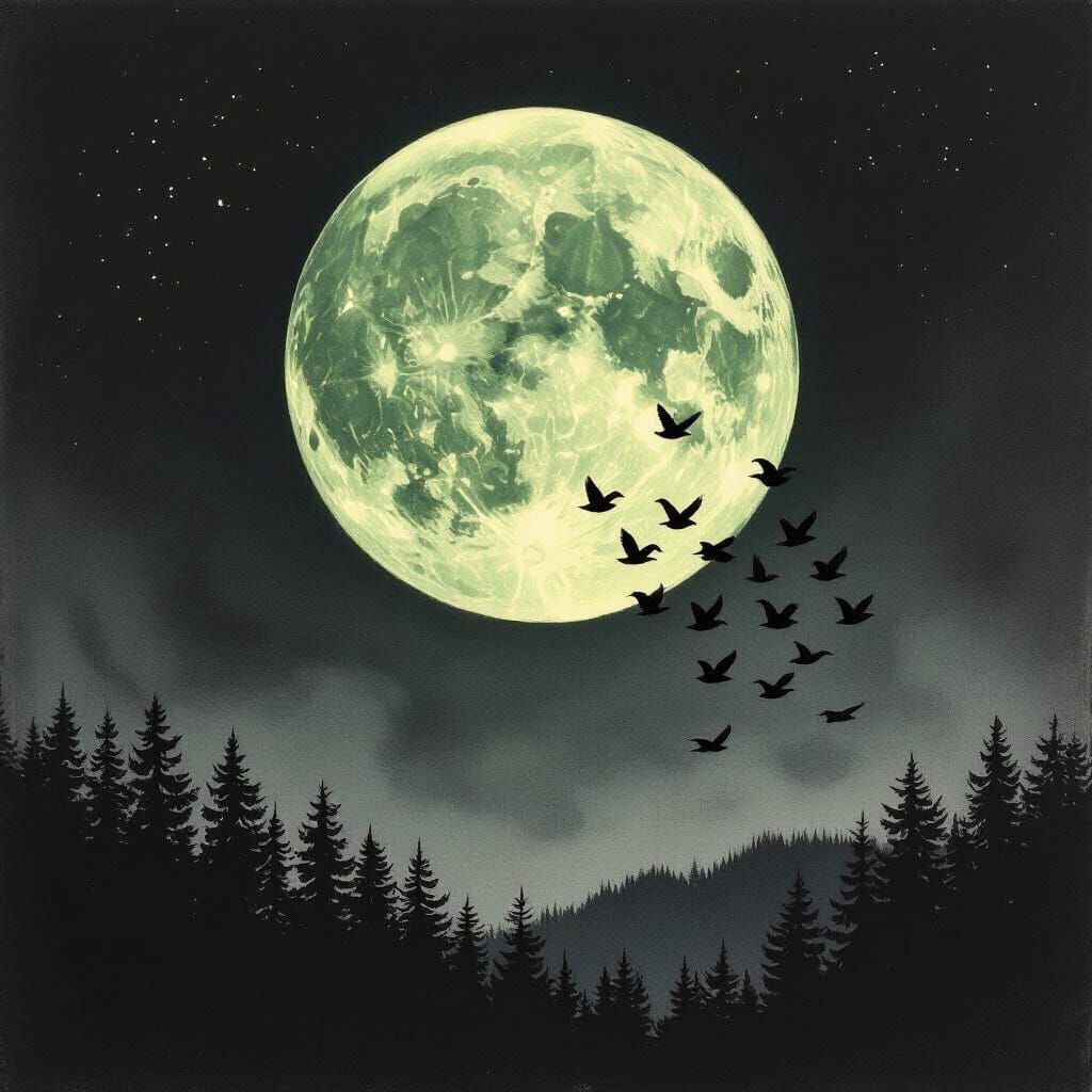 Green Moon Over Dark Forest with Flying Ducks