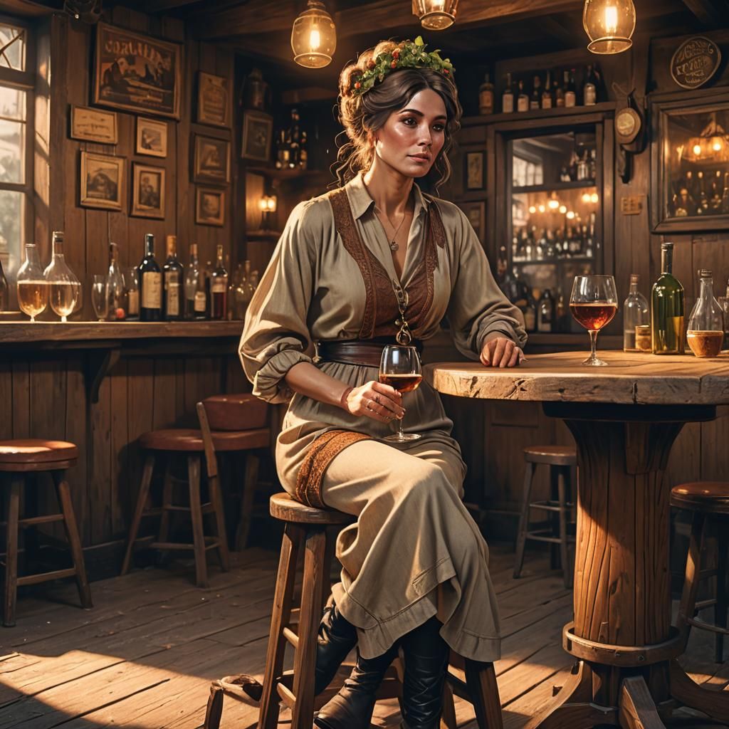 Eccentric Woman in Shabby Tavern: Hyper-Realistic Illustrati...