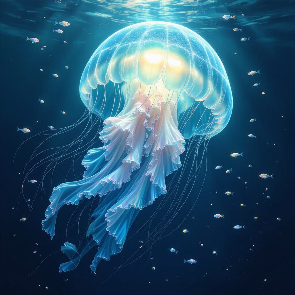 Bioluminescent Jellyfish in Ethereal Ocean, Art Nouveau Styl...