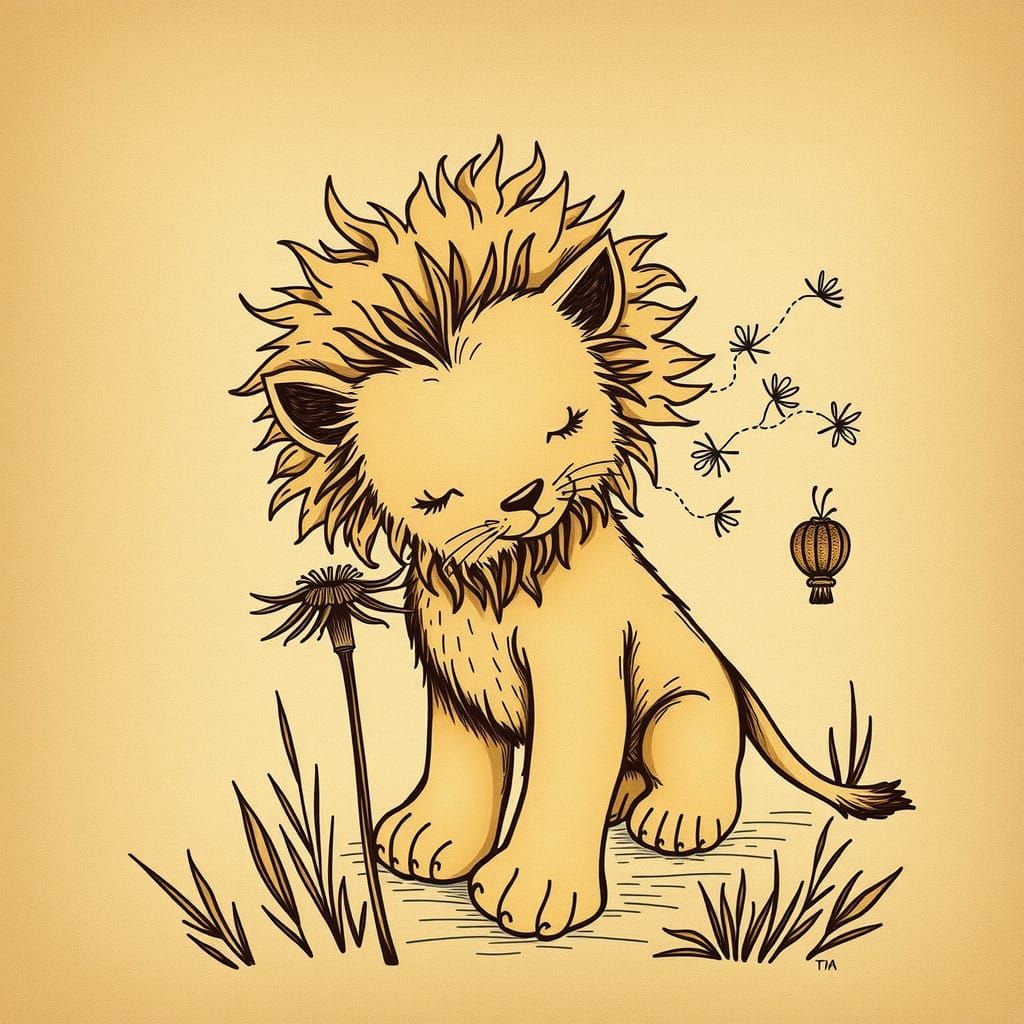 Whimsical Lion Cub Amidst Delicate Dandelion Blooms in Earth...