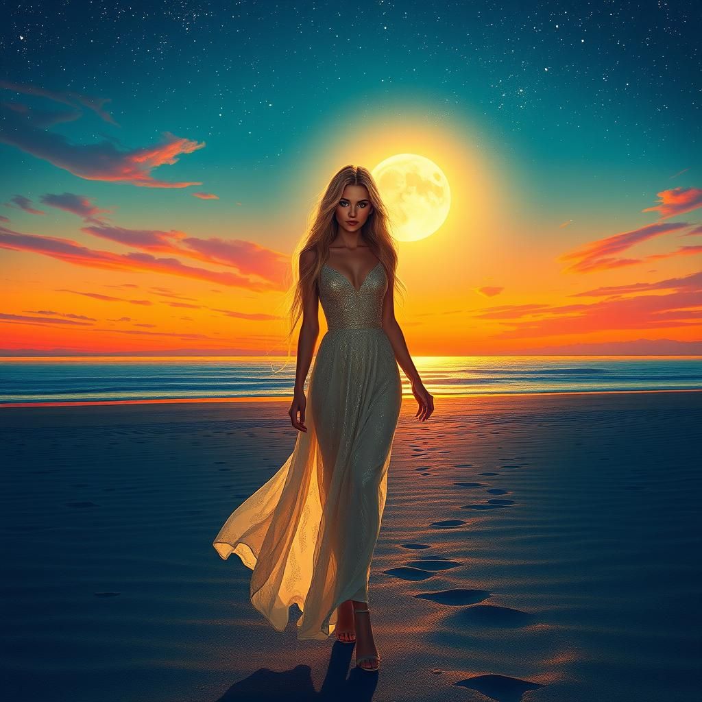 Serene Sunset: Blonde Woman Under Starry Sky