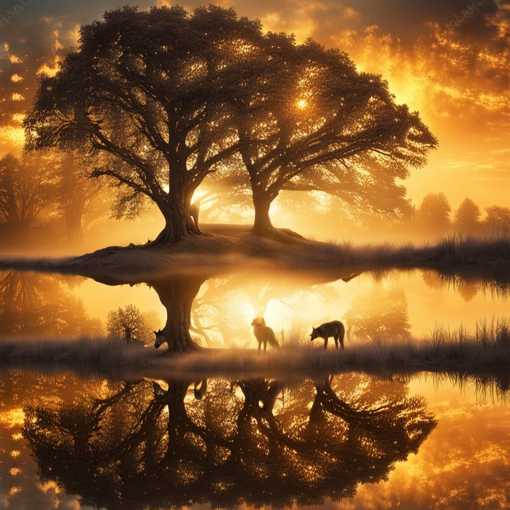 Reflection of a tree in a wolfs eye, epic, golden sunrise, luminous double exposure, cool front illumination only, cinem...