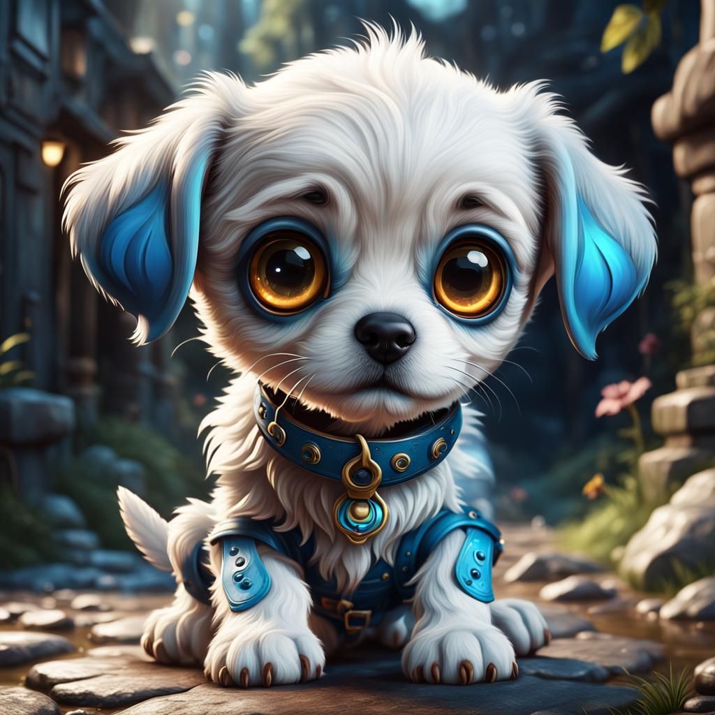 Cute Puppy with Big Eyes in Detailed Painting